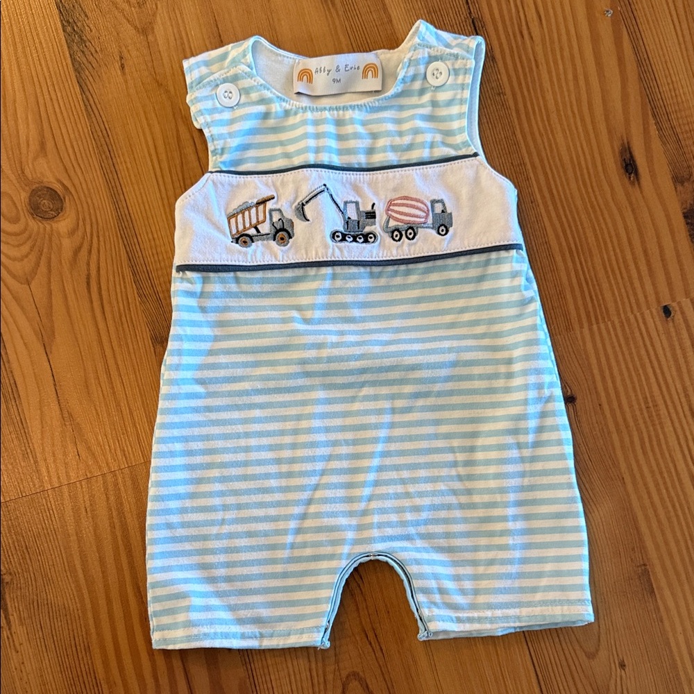 Blue Striped Boys One Piece with Construction Embroidery 9M